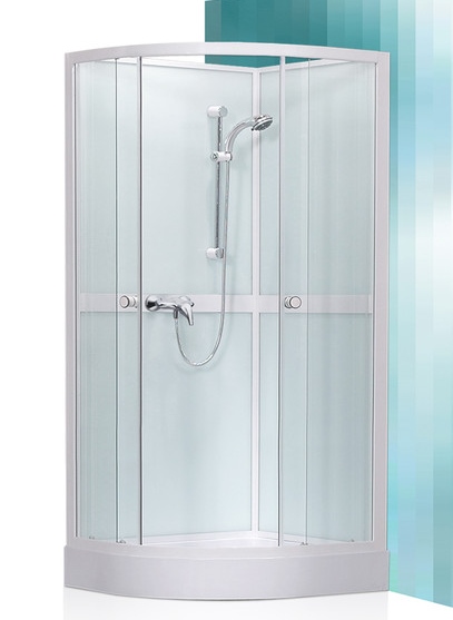 dušas kabīne Simple, 800x800 mm, h=2050, r=550, komplektā paliktnis, sifons un maisītājs, balts/caurspīdīgs stikls